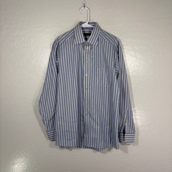 Eton Ganghester Dress Shirt Mens 15 3/4 Blue Yellow Striped Button - Picture 1 of 4